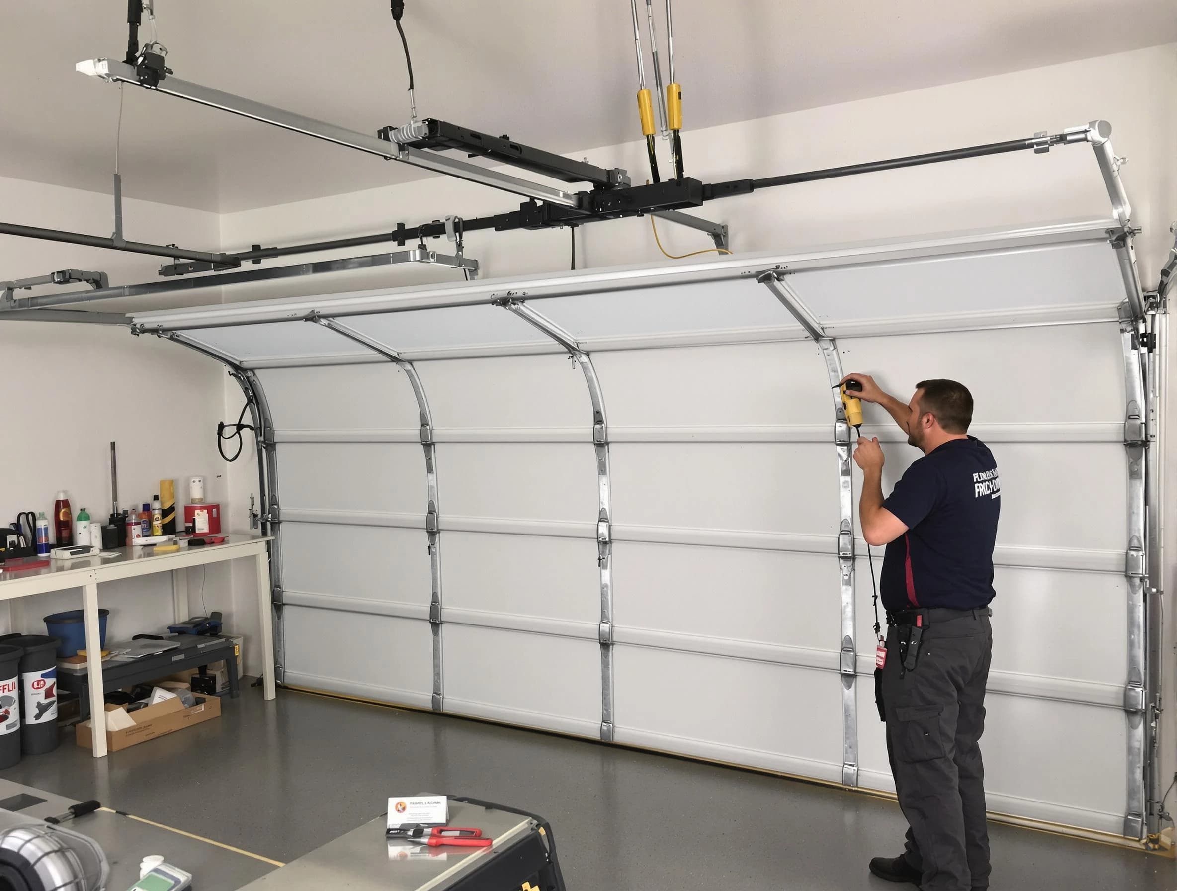 North Brunswick Garage Door Repair certified technician performing overhead door system repair in North Brunswick